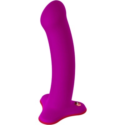 Vibrador roxo em silicone com base vermelha e texto FUN