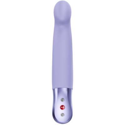 Vibrador lilás com punho metálico e botões FUN, mais e menos