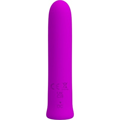 Vibrador pequeno roxo com texto e símbolos na base
