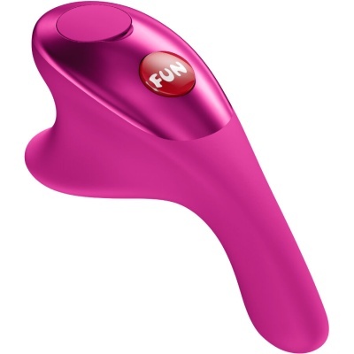 Vibrador cor-de-rosa com botão vermelho escrito FUN