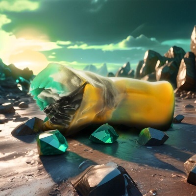 Garrafa de vidro amarela derretida com cristais verdes e pretos no chão rochoso ao pôr do sol.