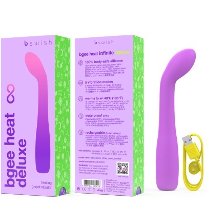 vibrador roxo de silicone com embalagem verde e lilás e cabo USB amarelo