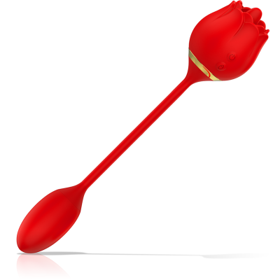 Dispositivo vermelho em forma de rosa com haste longa e detalhe dourado