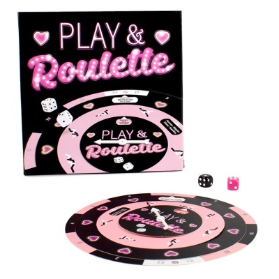 Jogo de tabuleiro Play & Roulette preto e rosa com tabuleiro circular e dois dados.
