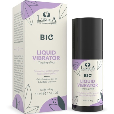 Gel estimulante para mulheres LuxuriA BIO Liquid Vibrator em embalagem branca com detalhes roxos