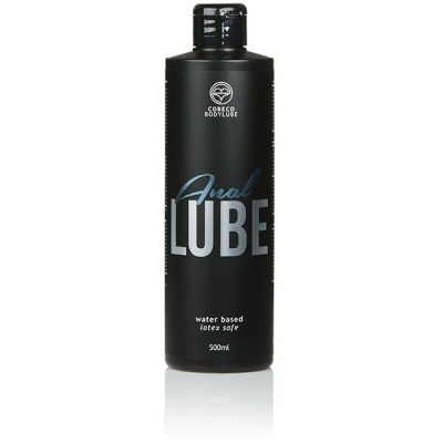 Frasco preto de lubrificante à base de água com texto azul e branco
