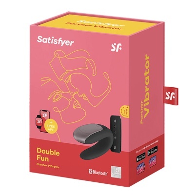 Caixa rosa do vibrador parceiro Satisfyer Double Fun com texto e imagem do produto preto