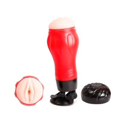 Produto sexual masculino em copo vermelho com tampas preta e branca