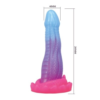 Brinquedo erótico azul, roxo e rosa com textura escamosa e base larga