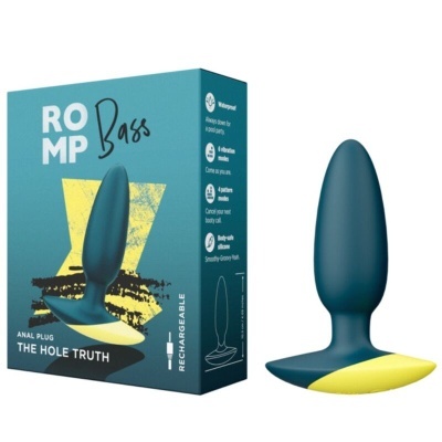 Plug anal azul e amarelo ROMP Bass com embalagem azul e texto