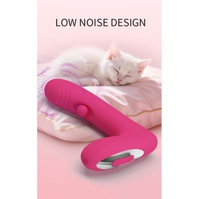 Vibrador rosa em silicone junto a gato branco e texto de design de baixo ruído