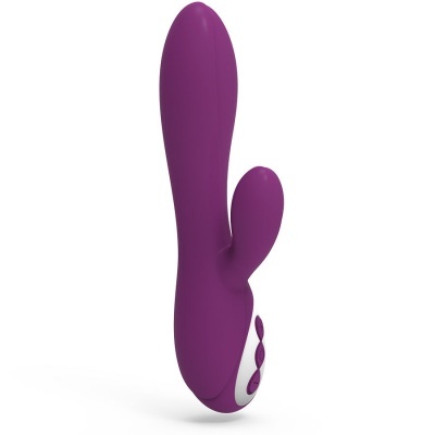 Vibrador roxo ergonómico com base branca e botões