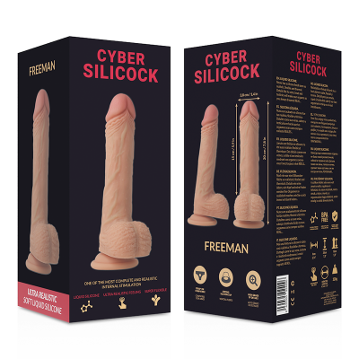 Embalagem de dildo ultra realista em silicone líquido cor pele, nome Cyber Silicock, caixa preta com texto vermelho e branco.
