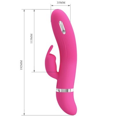 Vibrador rosa com dois dongos e botão prateado em fundo branco