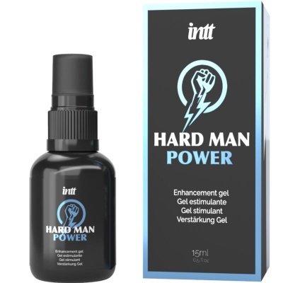 Frasco preto e caixa azul e preto de gel estimulante HARD MAN POWER da marca intt