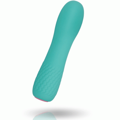 Vibrador azul turquesa com textura ondulada e base rosa