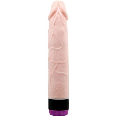 Vibrador cilíndrico cor de pele com base preta e botão roxo