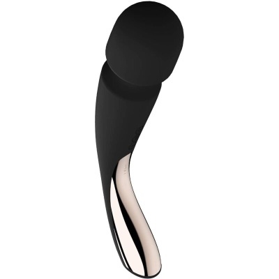 Vibrador preto com base cromada prateada curvado com cabeça arredondada