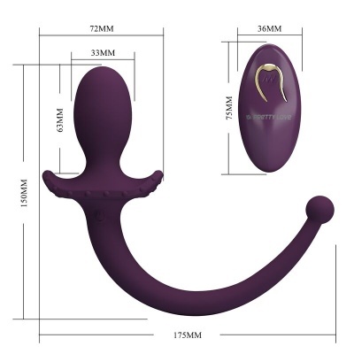 Produto roxo com duas peças e comando, dimensões em milímetros, fundo branco.