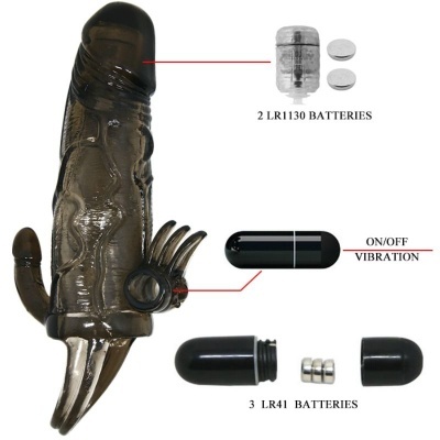 Vibrador preto translúcido com detalhes anatómicos e pilhas indicadas