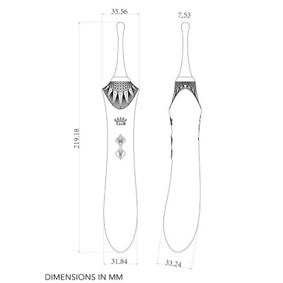 Desenho técnico preto e branco de utensílio com decorações geométricas e dimensões em milímetros
