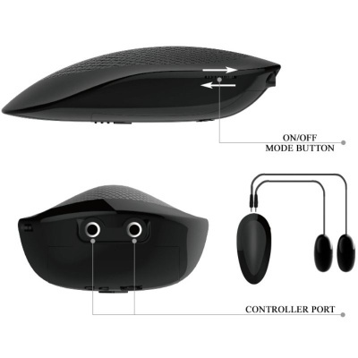 Foto de produto eletrónico preto com botões e controladores ovais pretos