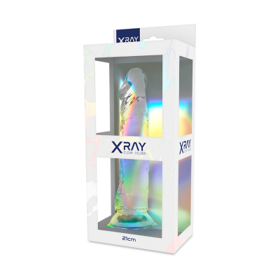 Dildo transparente iridescente com embalagem branca e texto XRAY CLEAR DILDOS 21cm