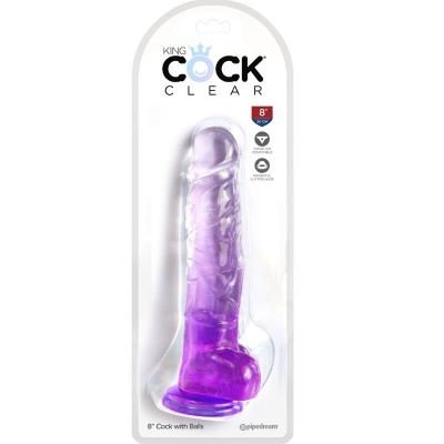Dildo translúcido roxo com ventosa na base em embalagem transparente