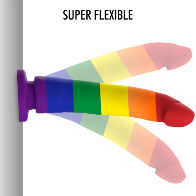 Dildo flexível com padrão arco-íris fixado numa parede