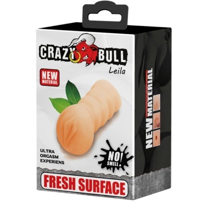 Embalagem Crazy Bull Leila, cor pele, texto promocional, fundo branco e preto.