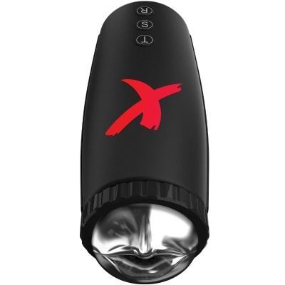 Dispositivo preto com logotipo vermelho X e letras T, S, R em círculos