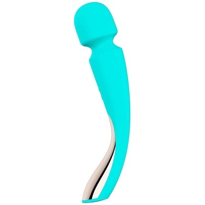 Vibrador azul turquesa com base metálica prateada, fundo branco