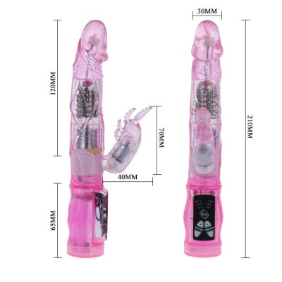 Vibrador rosa translúcido com controle e partes móveis