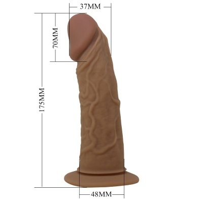 Dildo castanho claro com textura veias e base achatada com dimensões em milímetros