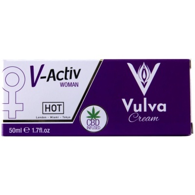 Embalagem de creme V-Activ Woman Roxa e branca com selo CBD