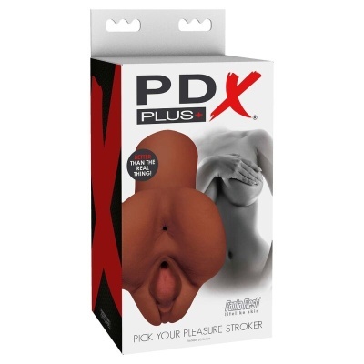 Caixa de produto PDX PLUS+ com figura 3D castanha e texto promocional