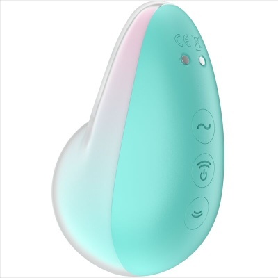 Dispositivo pequeno ergonómico azul turquesa e branco com botões e luz LED