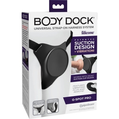 Embalagem do sistema Body Dock para arnês universal em silicone preto com sucção e vibração.