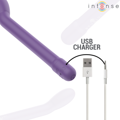 Vibrador roxo com cabo carregador USB branco e texto USB CHARGER
