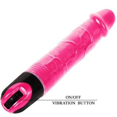 Vibrador cor-de-rosa com base preta e botão de ligar/desligar