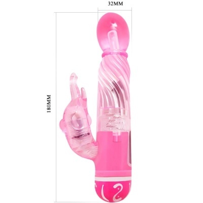 Vibrador rosa com textura espiralada e estimulador em coelho, medidas 180MM x 32MM