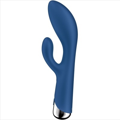 Vibrador azul em silicone com duas extensões e base prateada
