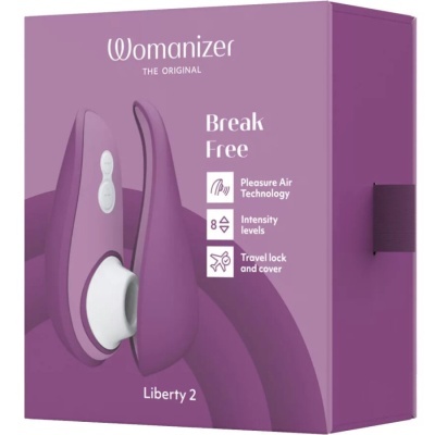 Embalagem roxa do Womanizer Liberty 2 com texto e imagem do dispositivo
