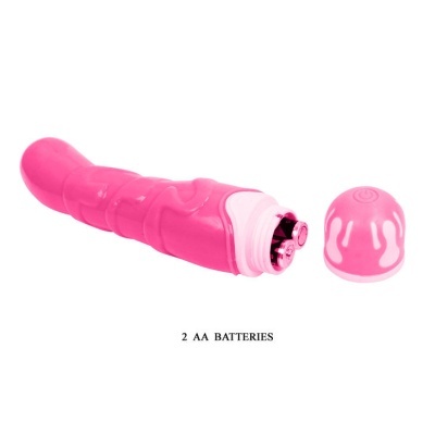 Vibrador rosa com tampa removível e texto 2 AA BATTERIES
