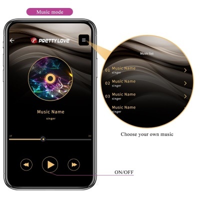Smartphone com aplicação de música PRETTY LOVE com lista de músicas e controlo.