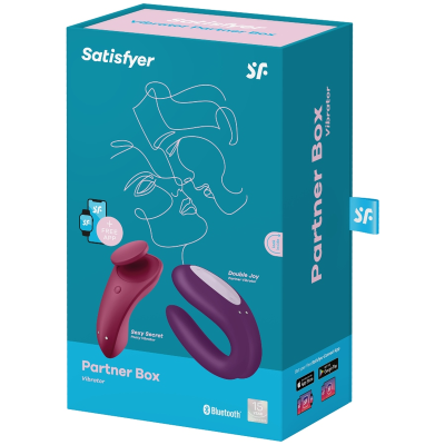 Embalaem azul com dois vibradores vermelho e roxo e texto Satisfyer Partner Box Vibrator