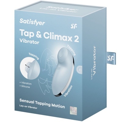 Caixa azul do vibrador Satisfyer Tap & Climax 2 com texto e imagem do produto