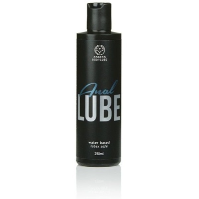 Frasco preto de lubrificante Anal LUBE com texto em branco e azul