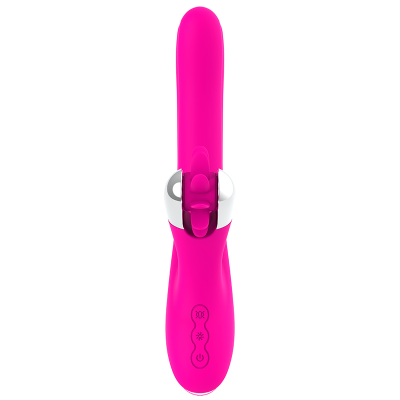 Vibrador rosa com botões e detalhes brancos e prateados