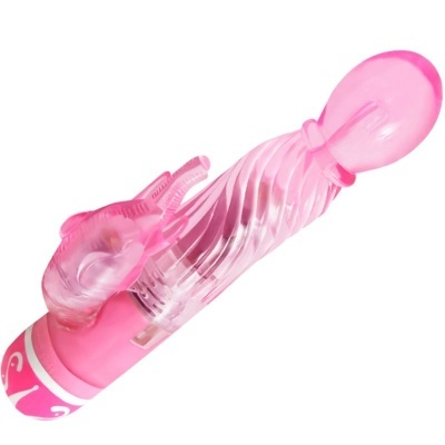 Vibrador rosa translúcido com textura espiral e estímulo externo